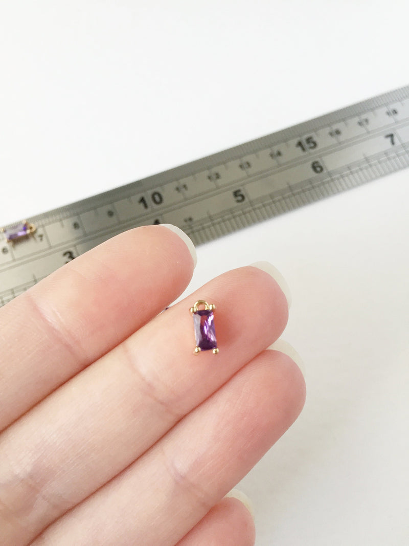 2 x Tiny Purple Baguette Cut Crystal Pendants in Gold, 4x8mm Gold (1009)