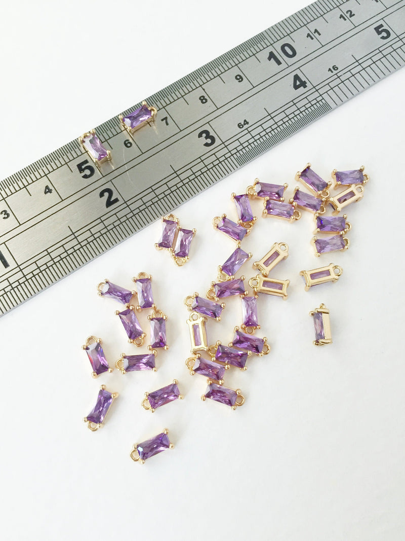 2 x Tiny Purple Baguette Cut Crystal Pendants in Gold, 4x8mm Gold (1009)