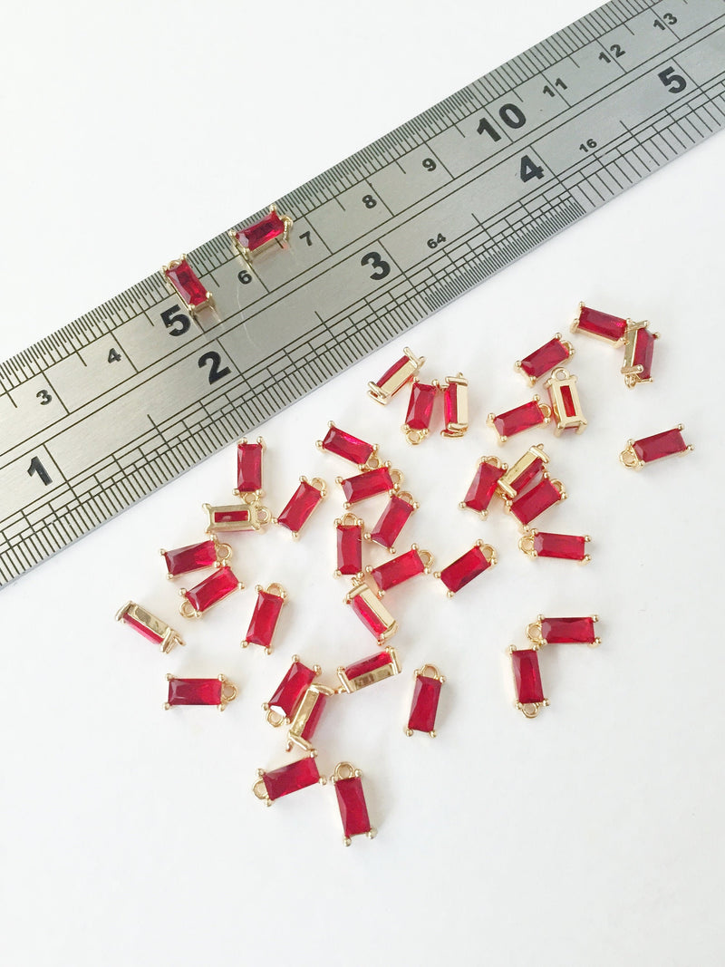 2 x Tiny Ruby Red Baguette Cut Crystal Pendants, 4x8mm Gold Rectangular Charms (1010)