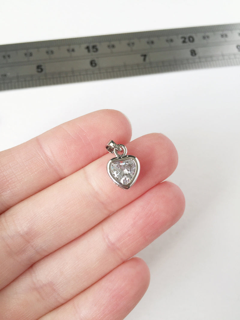 1 x Platinum Plated Cubic Zirconia Heart Charm, 12x9mm (1026)