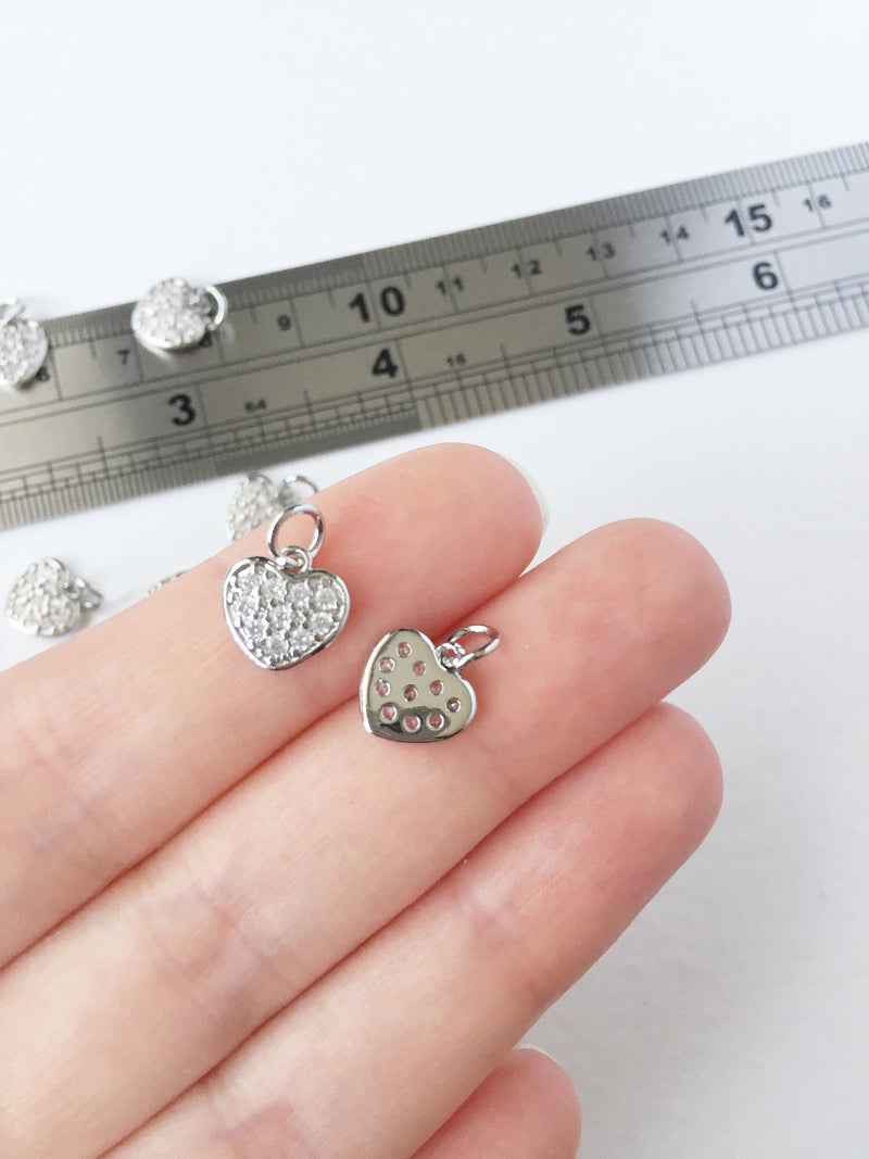 1 x Platinum Plated Tiny Heart Charms with Cubic Zirconia, 10x10mm (0556P)