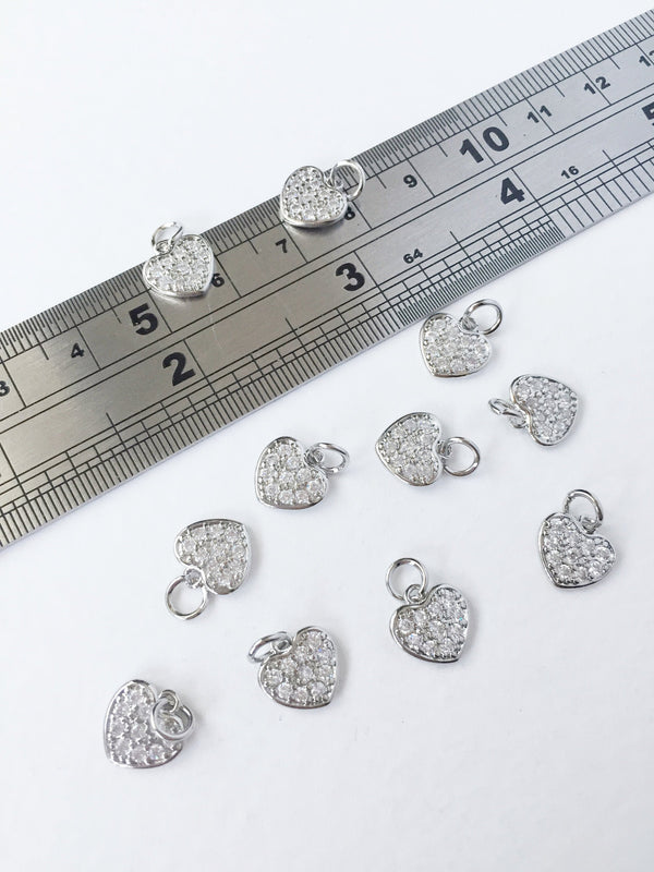 1 x Platinum Plated Tiny Heart Charms with Cubic Zirconia, 10x10mm (0556P)