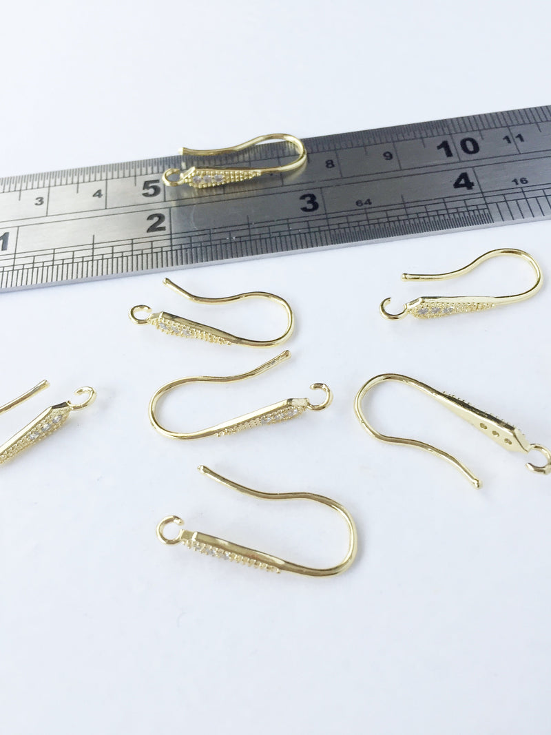 1 pair x Large 18K Gold Plated Brass Earring Hooks with Cubic Zirconia, 26mm (0567G)