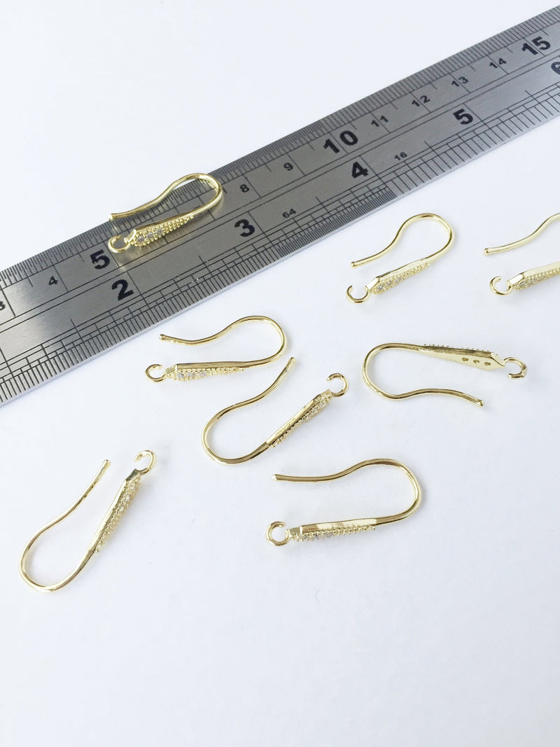 1 pair x Large 18K Gold Plated Brass Earring Hooks with Cubic Zirconia, 26mm (0567G)