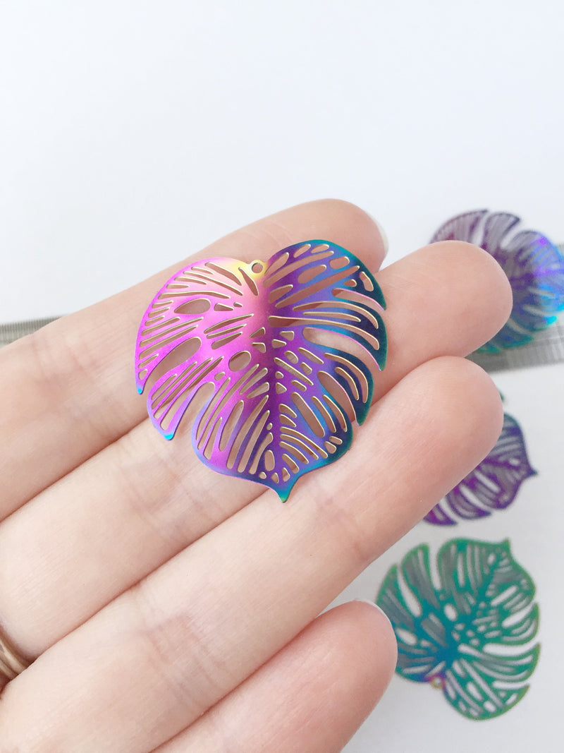 2 x Rainbow Plated Monstera Leaf Pendants, 32x33mm (0549)