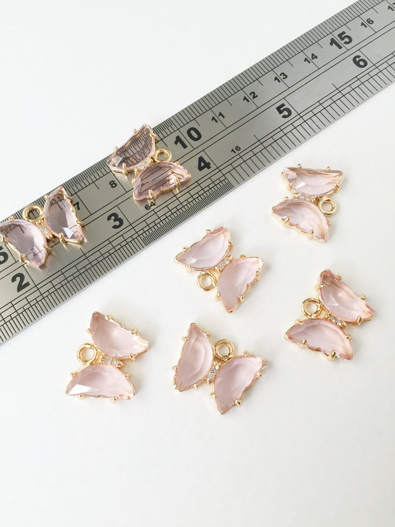 1 x Light Pink Faceted Glass Butterfly Charm with Cubic Zirconia, 20x15mm (1017)