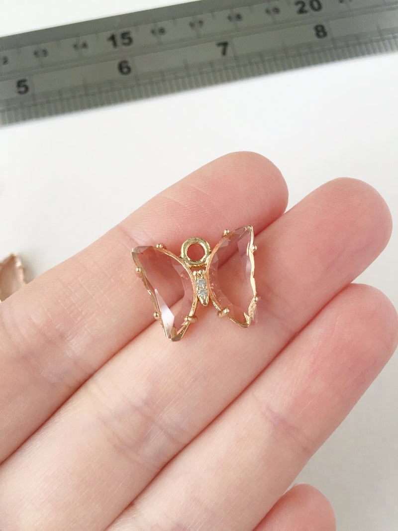 1 x Gold Plated Peach Blush Faceted Glass Butterfly Charm, 20x15mm (1016)