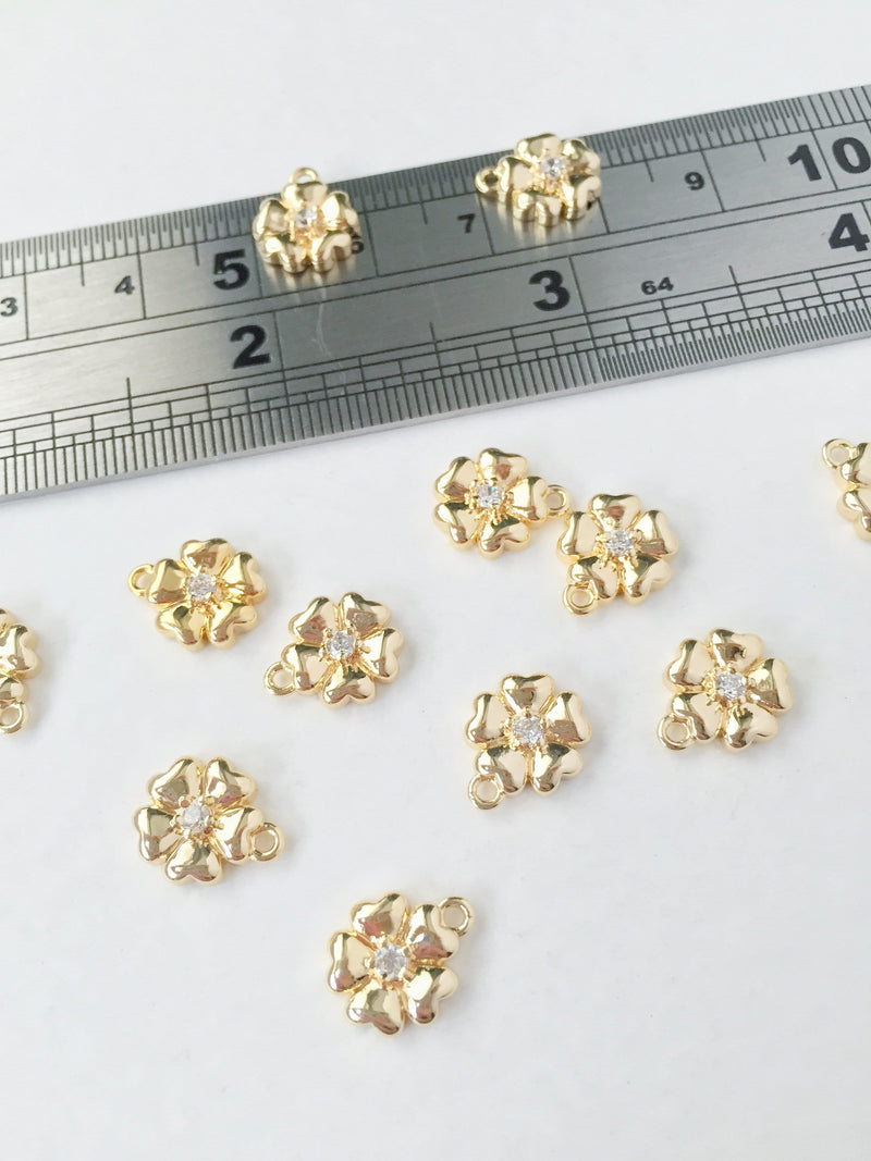 2 x 18K Gold Plated Flower Charms with Cubic Zirconia, 11x9mm (1022)