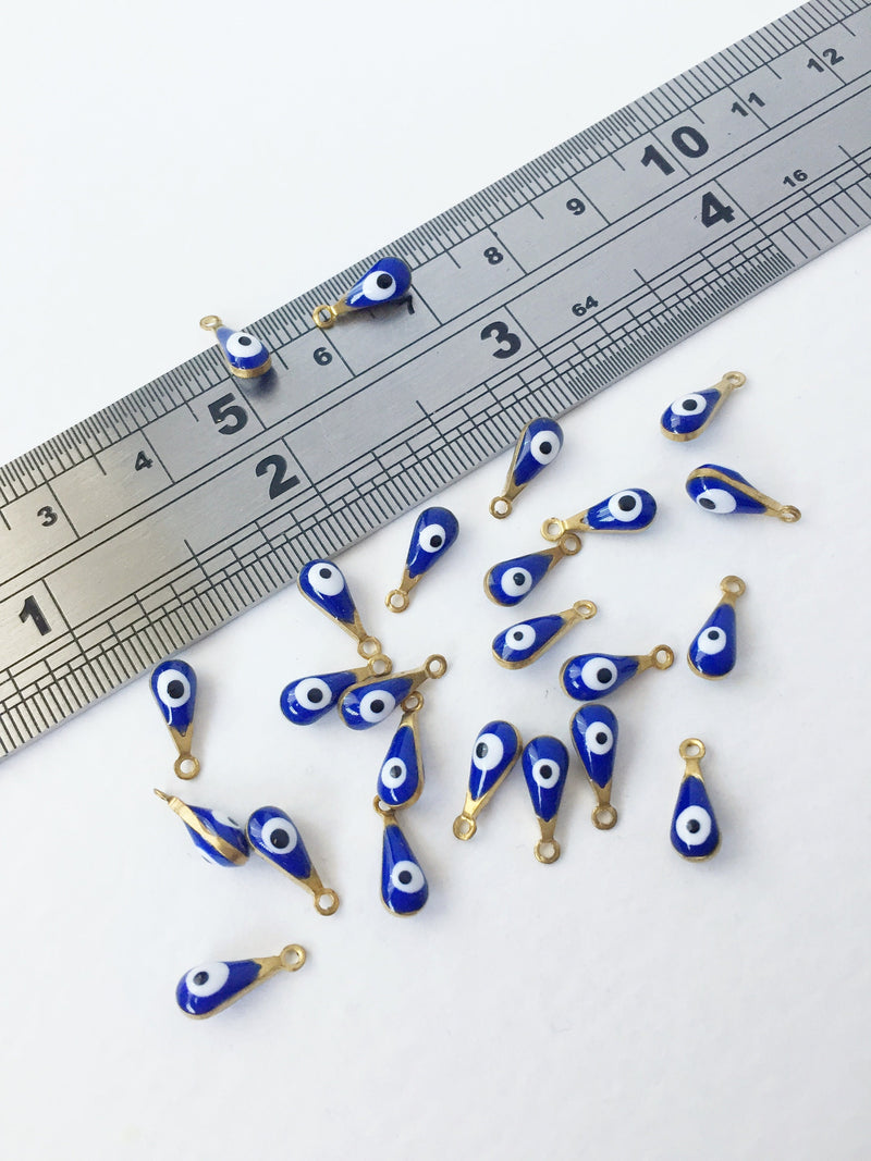 10 x Enamelled Brass Evil Eye Drop Charms, 10x4mm (0565)