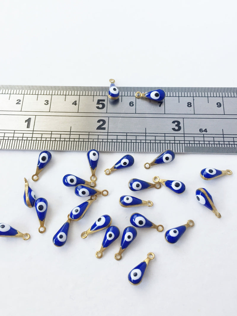 10 x Enamelled Brass Evil Eye Drop Charms, 10x4mm (0565)