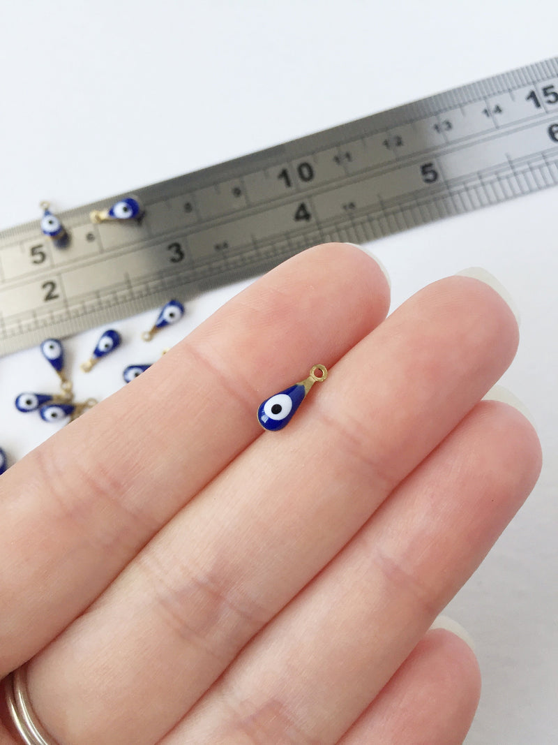 10 x Enamelled Brass Evil Eye Drop Charms, 10x4mm (0565)