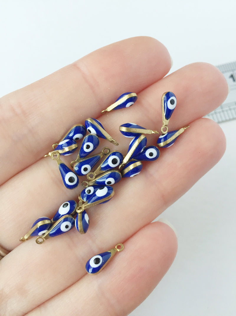 10 x Enamelled Brass Evil Eye Drop Charms, 10x4mm (0565)