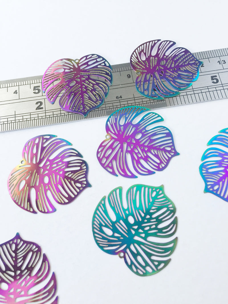 2 x Rainbow Plated Monstera Leaf Pendants, 32x33mm (0549)