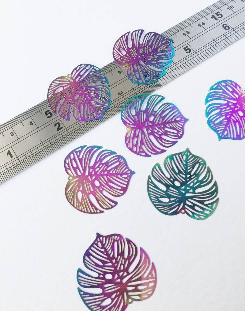 2 x Rainbow Plated Monstera Leaf Pendants, 32x33mm (0549)