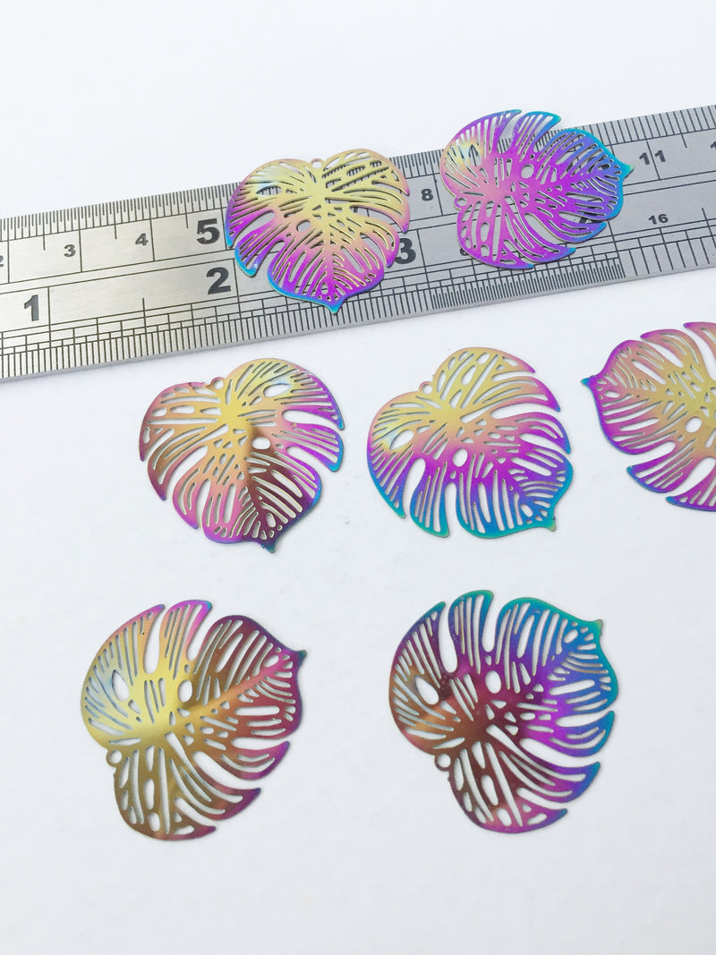 4 x Rainbow Plated Monstera Leaf Pendants, 26mm (0554)