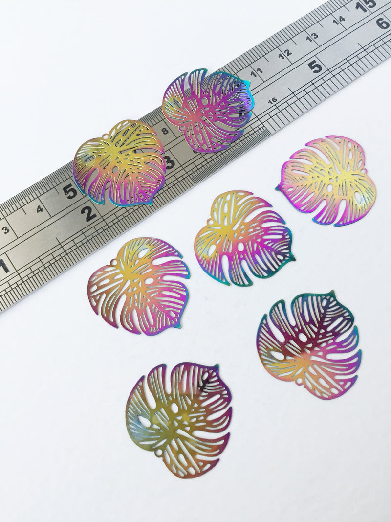 4 x Rainbow Plated Monstera Leaf Pendants, 26mm (0554)