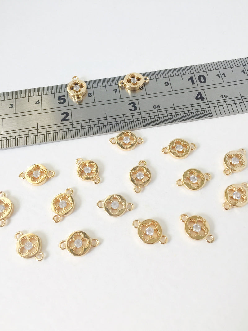 4 x 24K Gold Plated Openwork Clover Earring Connectors with Cubic Zirconia (1421)