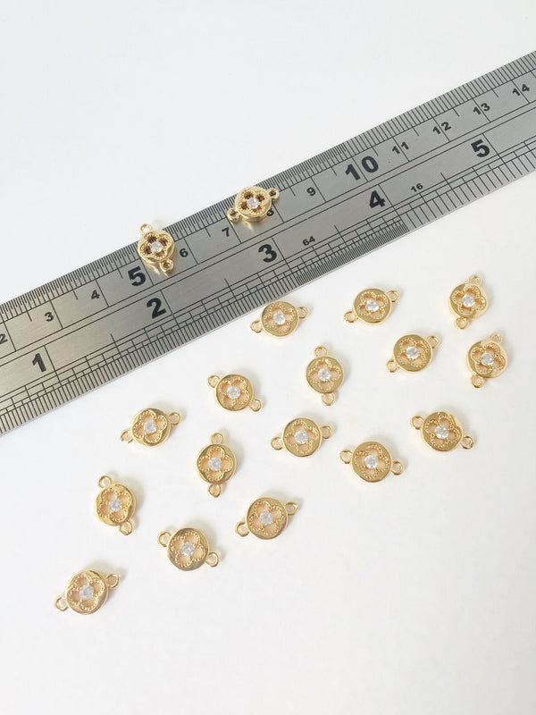 4 x 24K Gold Plated Openwork Clover Earring Connectors with Cubic Zirconia (1421)