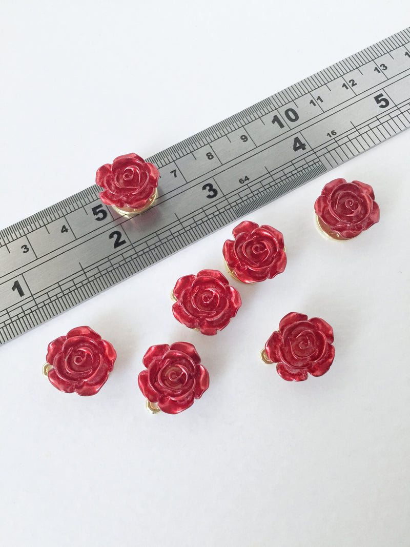 4 x Wine Red Rose Pendants Gold Base Flower Charms, 16mm (0980P)