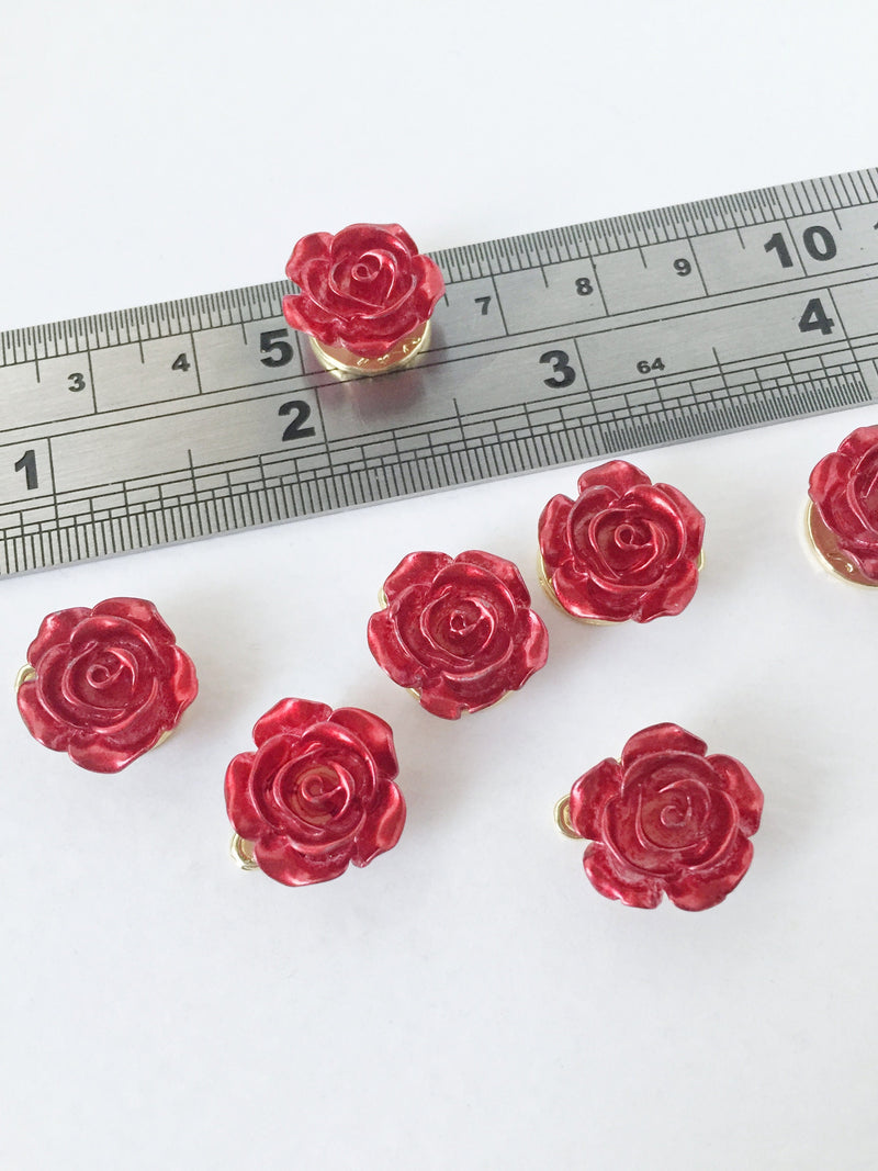 4 x Wine Red Rose Pendants Gold Base Flower Charms, 16mm (0980P)