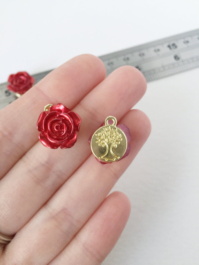 4 x Wine Red Rose Pendants Gold Base Flower Charms, 16mm (0980P)