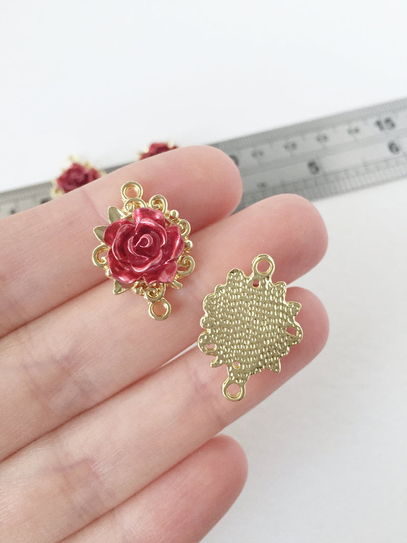 4 x Wine Red Rose Connectors Gold Base Flower Links, 16x22mm (0980C)