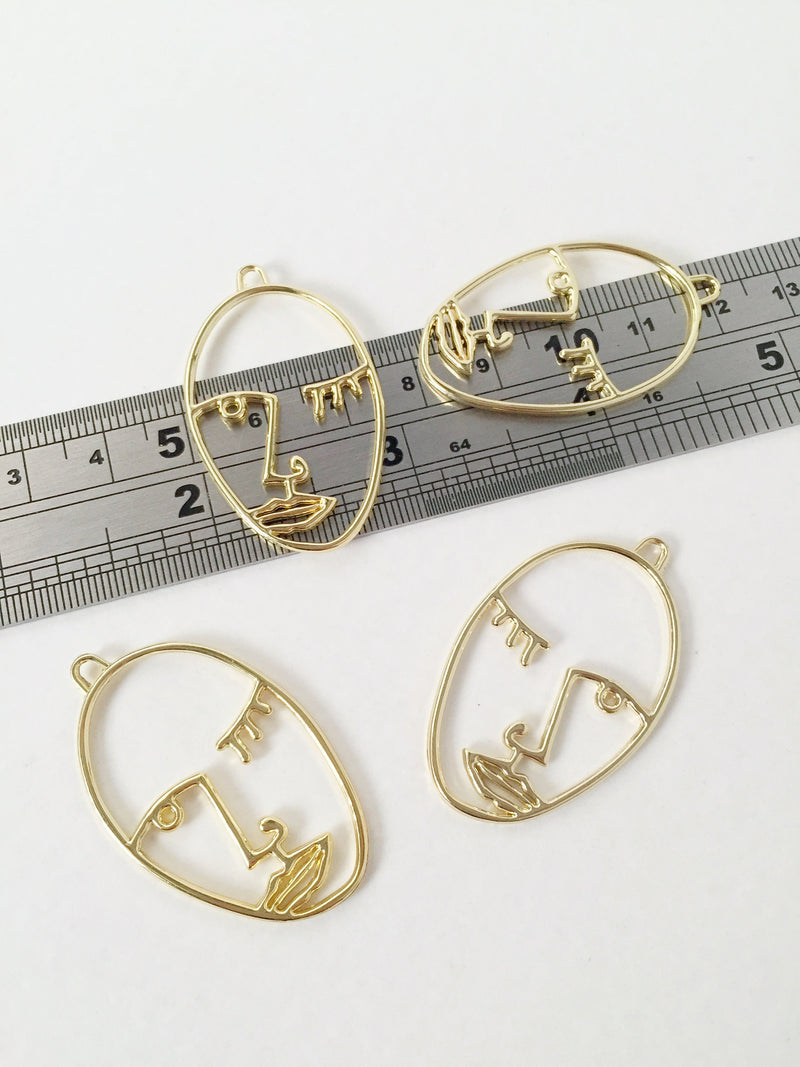 2 x Large Gold Face Silhouette Pendants, 25x41mm Open Bezel Pendants (1500)