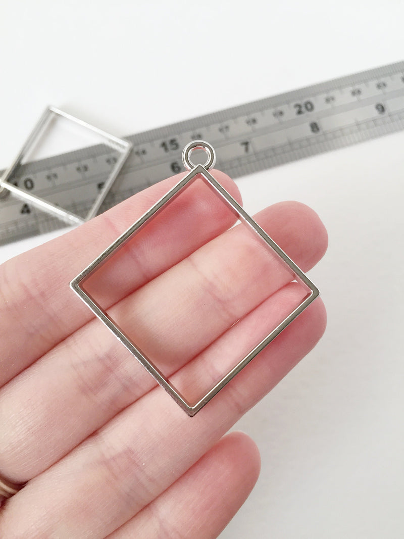 2 x Large Platinum Rhombus Open Bezel Pendants, 49x44mm (2466)