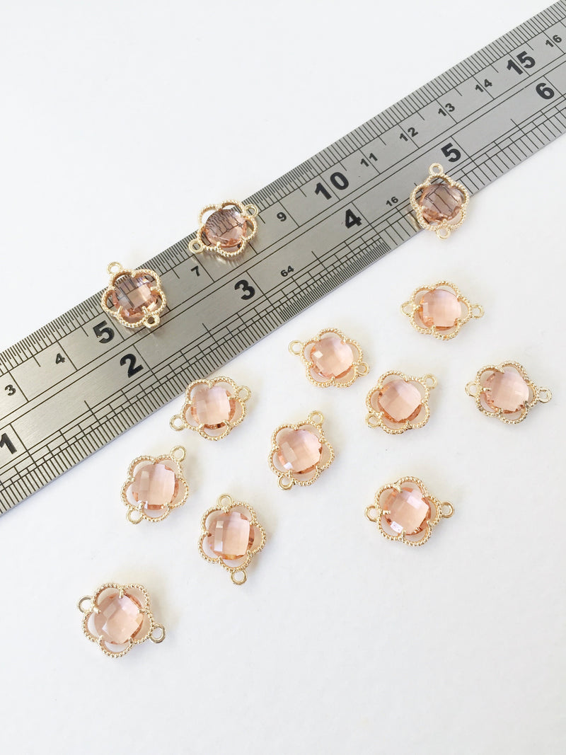 2 x Gold Plated Faceted Peach Glass Flower Connectors, 16x12mm (1046)