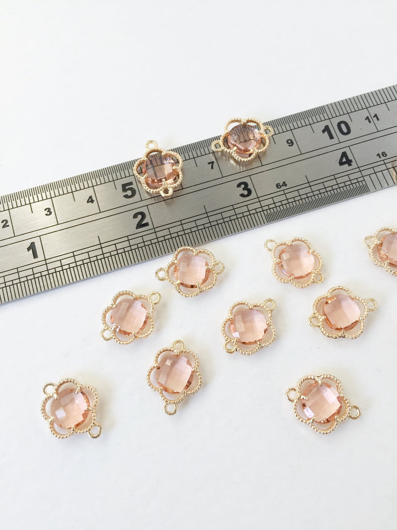 2 x Gold Plated Faceted Peach Glass Flower Connectors, 16x12mm (1046)