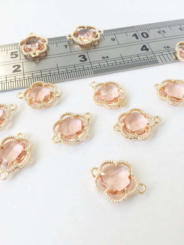 2 x Gold Plated Faceted Peach Glass Flower Connectors, 16x12mm (1046)