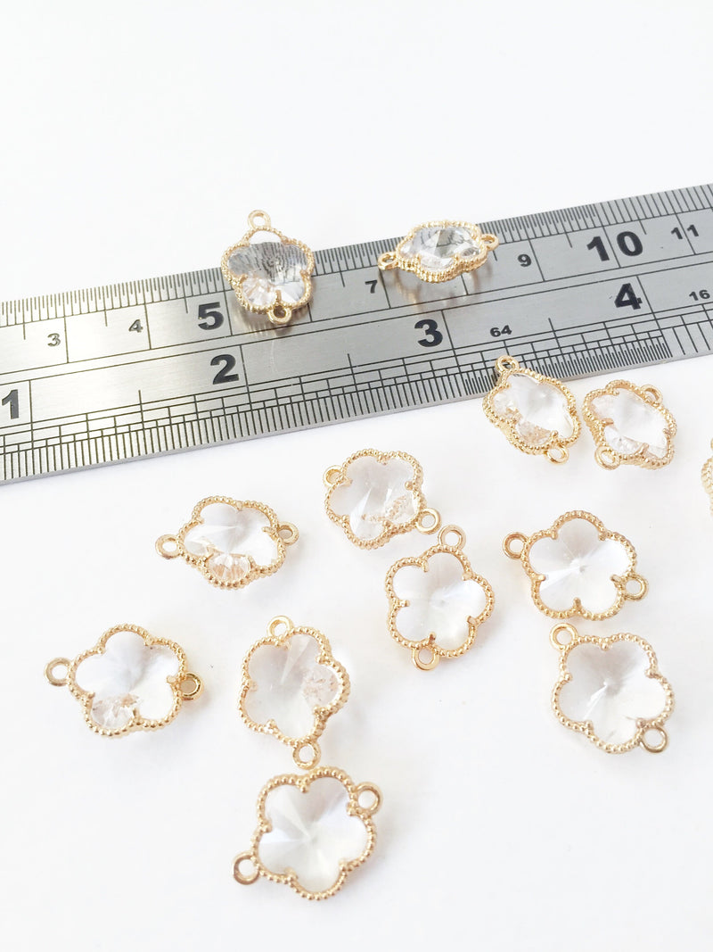 2 x Gold Plated Faceted Clear Glass Flower Connectors, 16x12mm (1057)