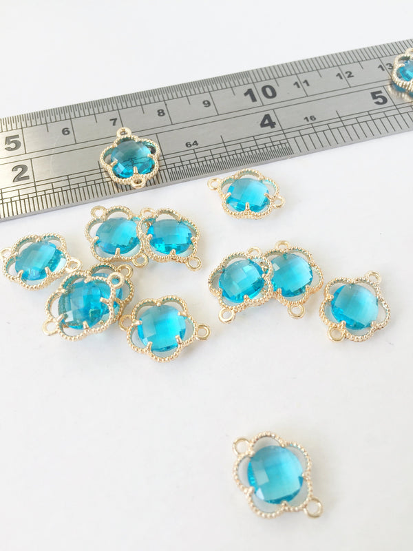 2 x Gold Plated Light Turquoise Faceted Glass Flower Connectors, 16x12mm (1058)