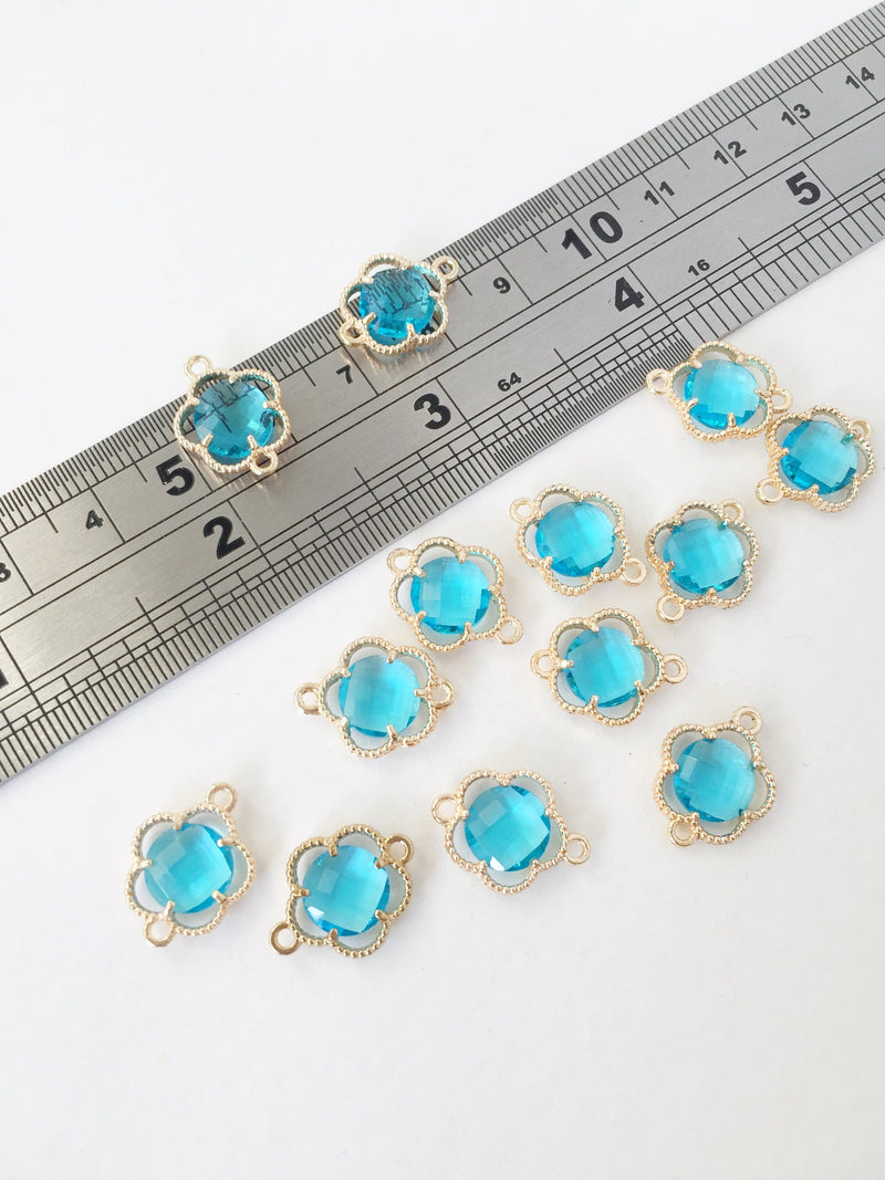 2 x Gold Plated Light Turquoise Faceted Glass Flower Connectors, 16x12mm (1058)