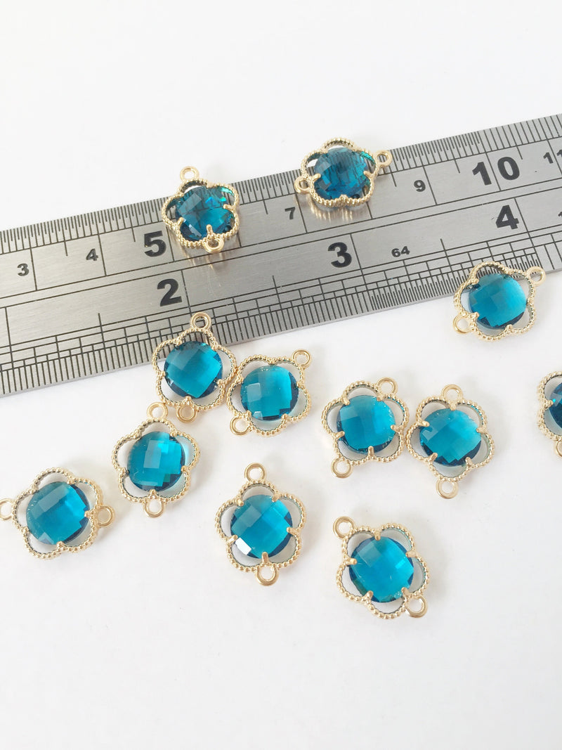 2 x Gold Plated Faceted Indicolite Glass Flower Connectors, 16x12mm (1053)