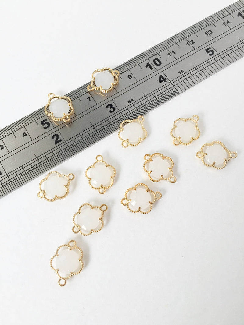 2 x Gold Plated Faceted Opaque White Glass Flower Connectors, 16x12mm (1050)