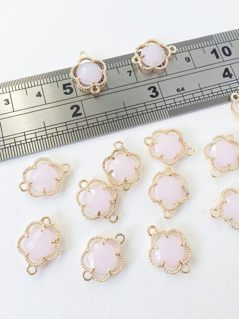 2 x Gold Plated Faceted Opaque Pink Glass Flower Connectors, 16x12mm (1051)