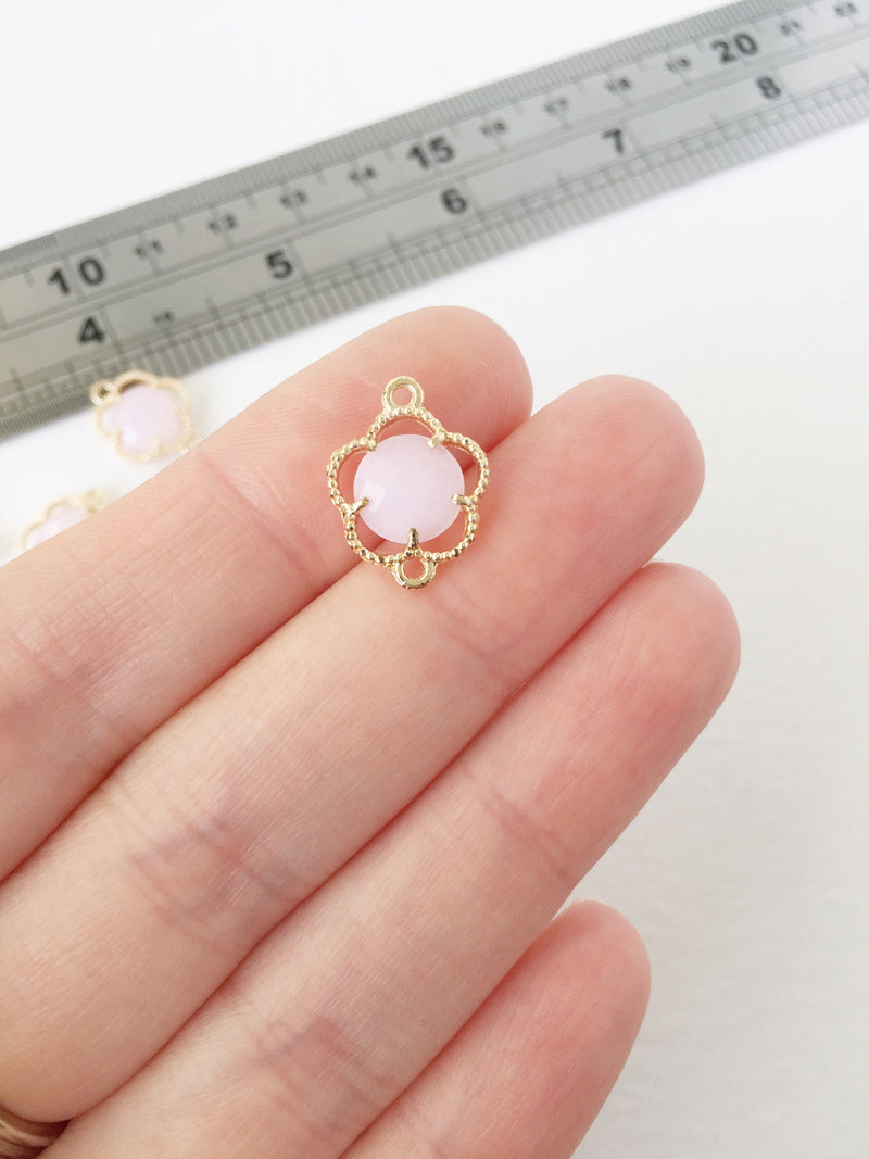 2 x Gold Plated Faceted Opaque Pink Glass Flower Connectors, 16x12mm (1051)