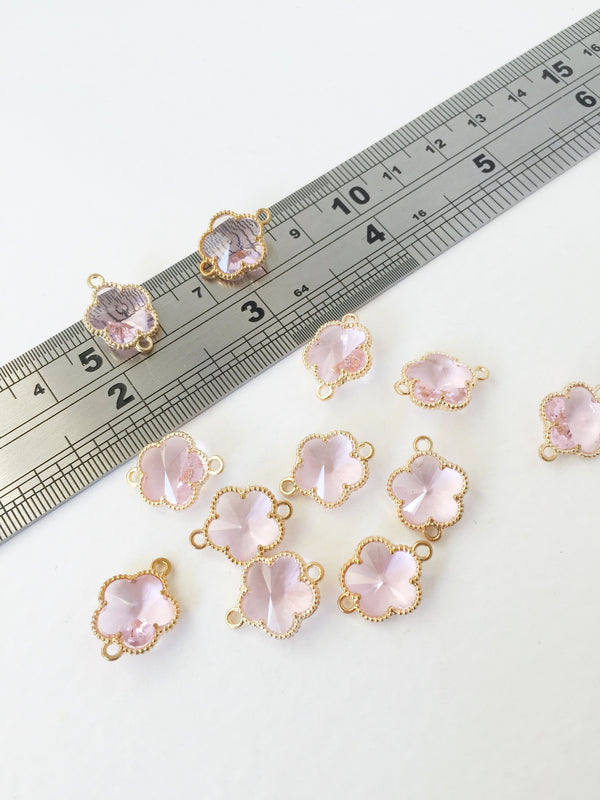 2 x Gold Plated Faceted Pink Glass Flower Connectors, 16x12mm (1052)