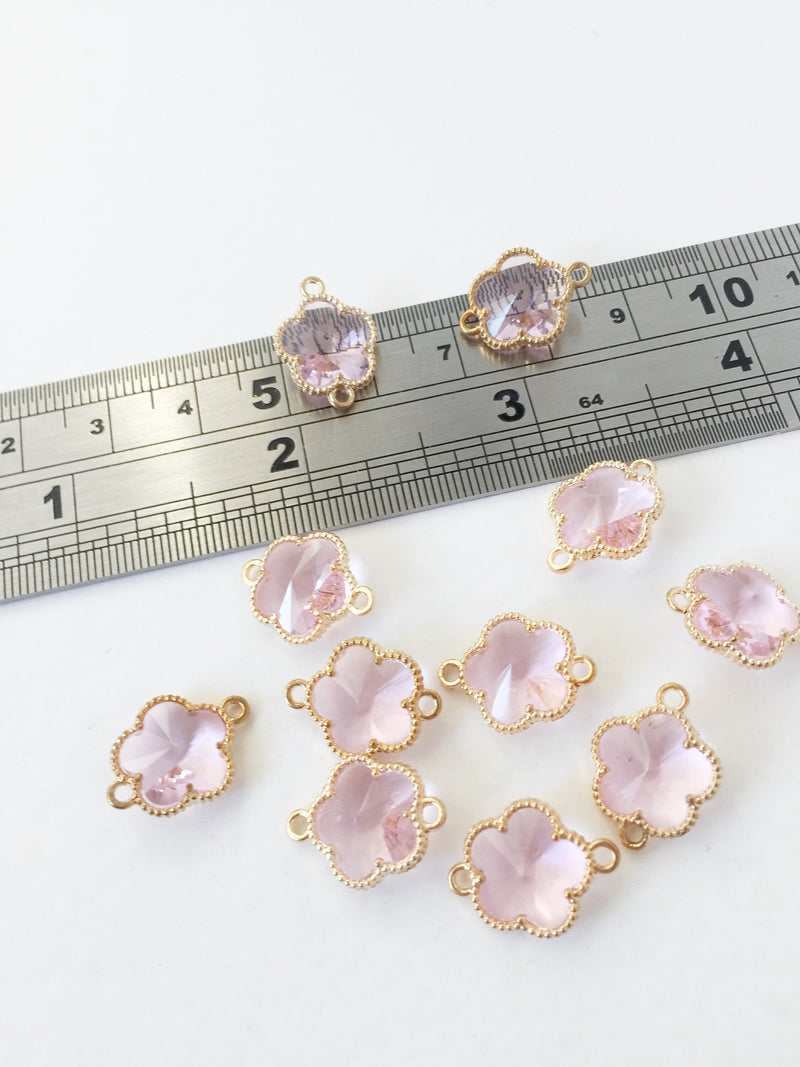 2 x Gold Plated Faceted Pink Glass Flower Connectors, 16x12mm (1052)