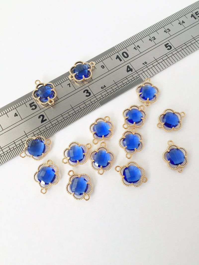 2 x Gold Plated Royal Blue Faceted Glass Flower Connectors, 16x12mm (1054)