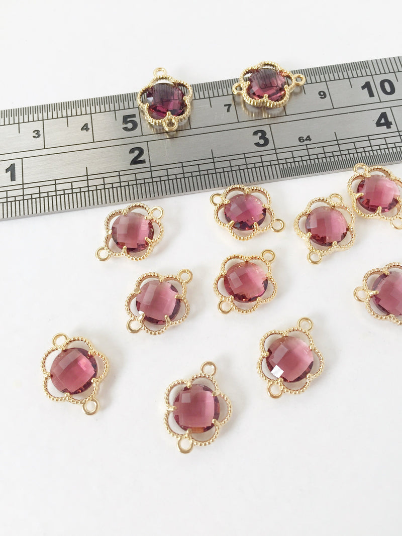 2 x Gold Plated Faceted Burgundy Glass Flower Connectors, 16x12mm (1048)