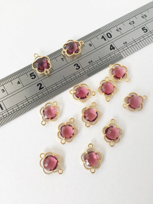 2 x Gold Plated Faceted Burgundy Glass Flower Connectors, 16x12mm (1048)