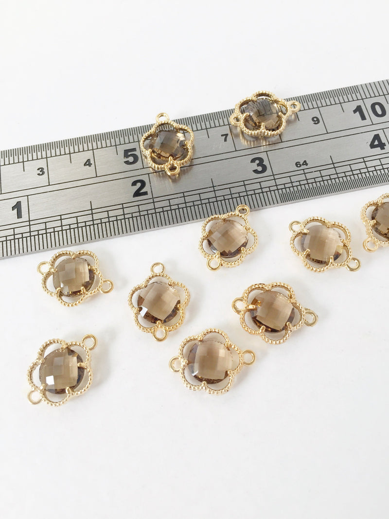 2 x Gold Plated Faceted Olive Glass Flower Connectors, 16x12mm (1049)