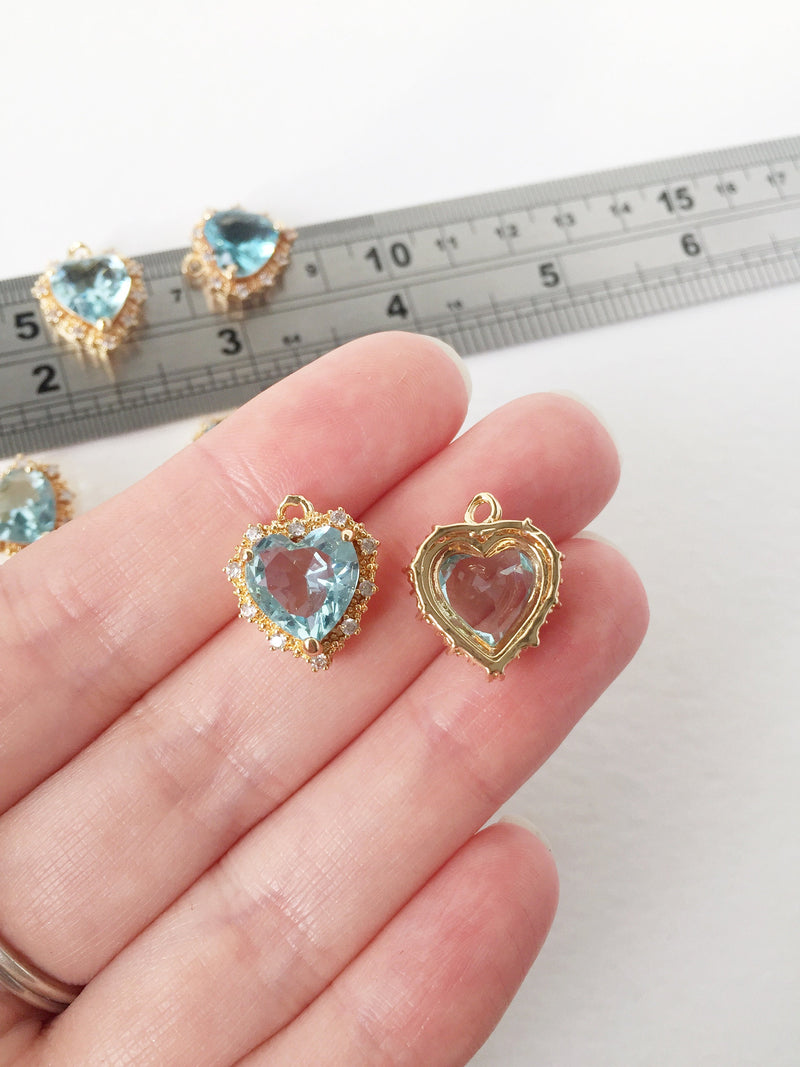 1 x 24K Gold Plated Blue Crystal Heart Pendant with Cubic Zirconia, 18x15mm (1441)