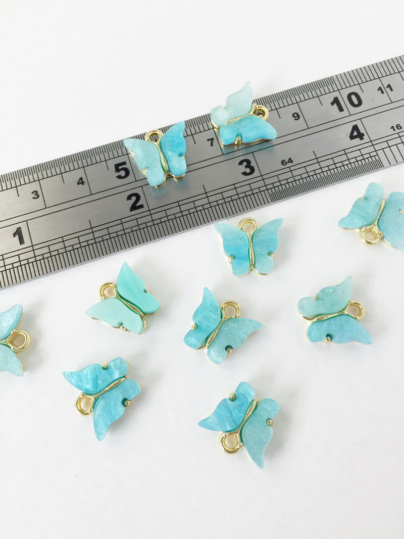 4 x  Gold Plated Turquoise Butterfly Resin Pendants, 13x13mm (1455)