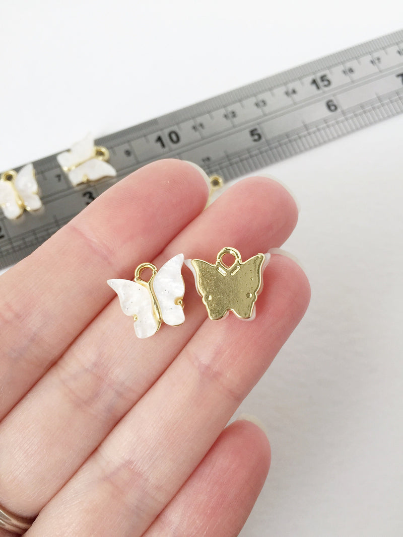 4 x Gold Plated Pearl White Resin Butterfly Charms, 12.5x13mm (1454)