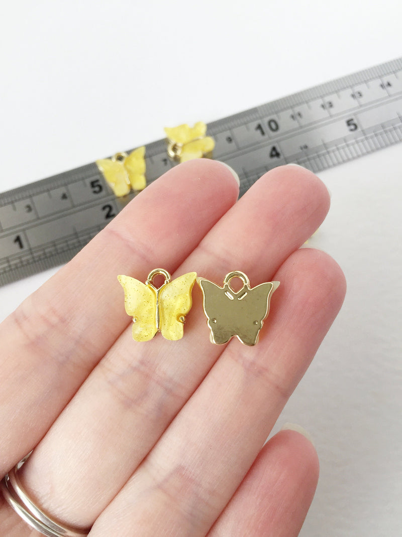 4 x Gold Plated Lemon Yellow Resin Butterfly Charms, 12.5x13mm (1453)