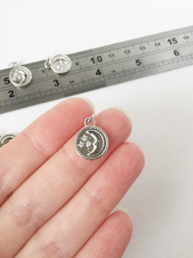 2 x Real Platinum Plated Brass Moon and Stars Charms, 15x12mm (1445)