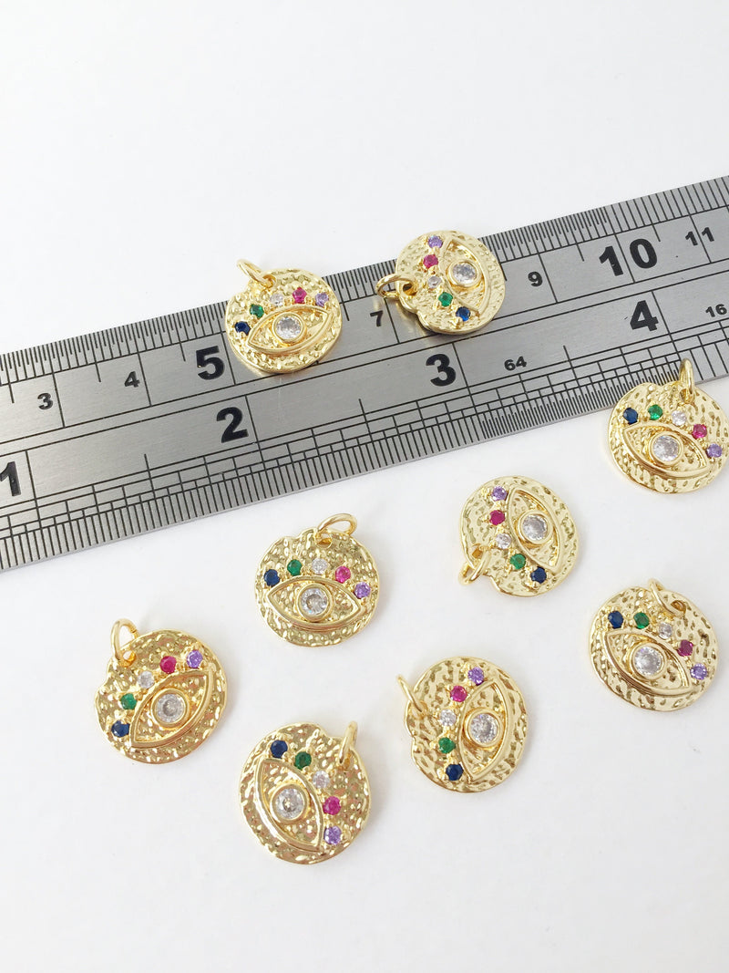 1 x 18K Gold Plated Evil Eye Charms with Colourful Cubic Zirconia, 14x12mm (1457)